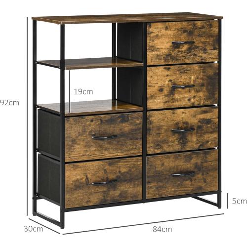 Présentation de Zoom sur Commode Rangement Industriel, Buffet 6 Tiroirs, Acier, Bois