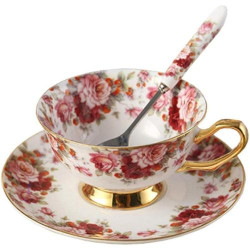 Présentation Tasse à thé porcelaine, soucoupe, fleurs blanches, rouges