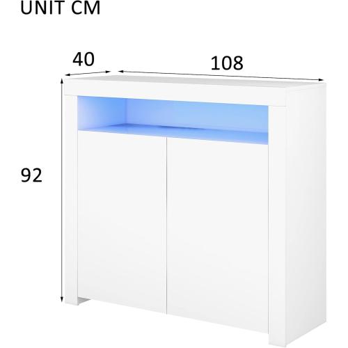 Présentation de Commode LED blanche BTM, meuble TV, rangement moderne en situation