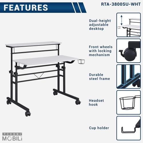 Présentation de Zoom sur Bureau roulant Techni Mobili, blanc, hauteur ajustable, étagère mobile