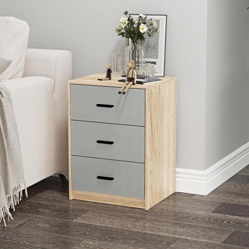 Présentation de Table de chevet URBNLIVING bois chêne, 3 tiroirs gris en situation