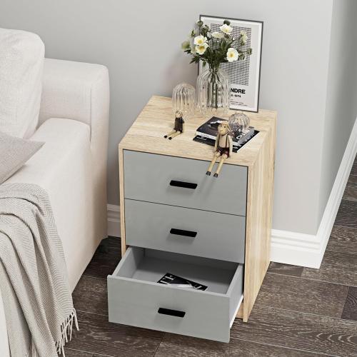 Présentation de Zoom sur Table de chevet URBNLIVING bois chêne, 3 tiroirs gris