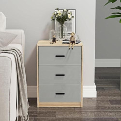 Présentation Table de chevet URBNLIVING bois chêne, 3 tiroirs gris