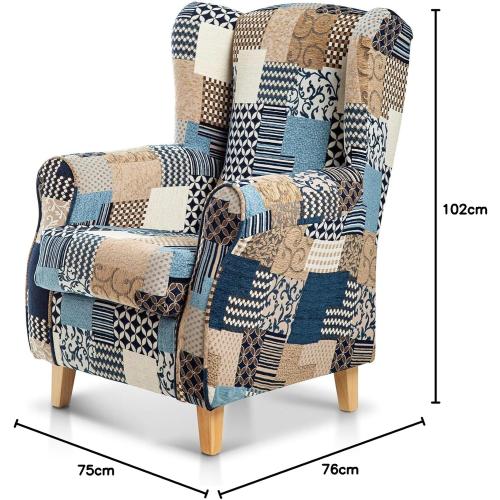 Présentation de Fauteuil orejero allaitement jacquard patchwork bleu en situation