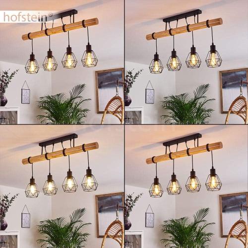 Présentation de Zoom sur Suspension Yaak bois, métal noir, 4 lampes vintage