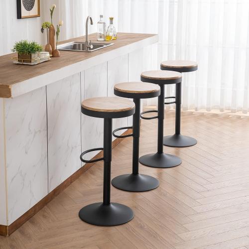 Présentation de Zoom sur Tabouret Bar Bois, Hauteur Réglable, Pivotant 360°, Noir