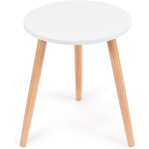 Présentation de Présentation Table d'Appoint Ronde, 3 Pieds Bois Pin, Blanc