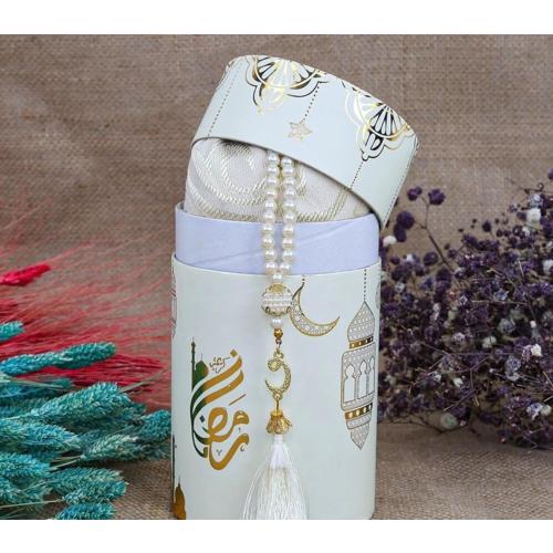 Présentation de Zoom sur Coffret cadeau musulman, tapis prière, tasbih, misvak, blanc