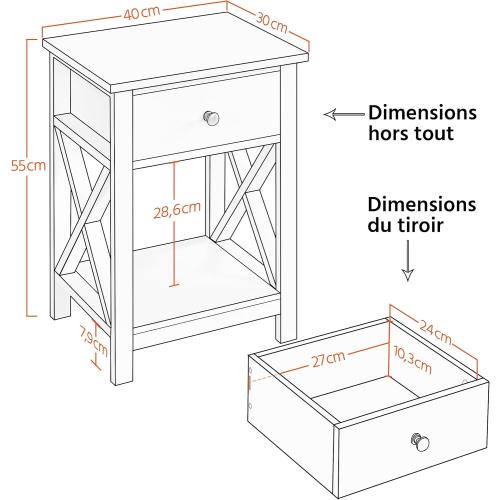 Présentation de Zoom sur Tables de Chevet Bois, 1 Tiroir, Étagère Rangement Blanc