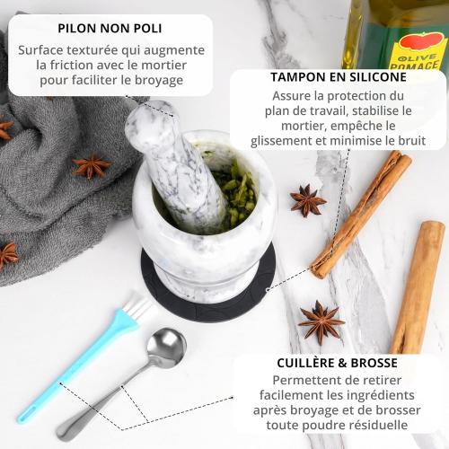 Présentation de Zoom sur Ensemble Mortier Pilon Marbre Gris, Broyeur Épices Herbes