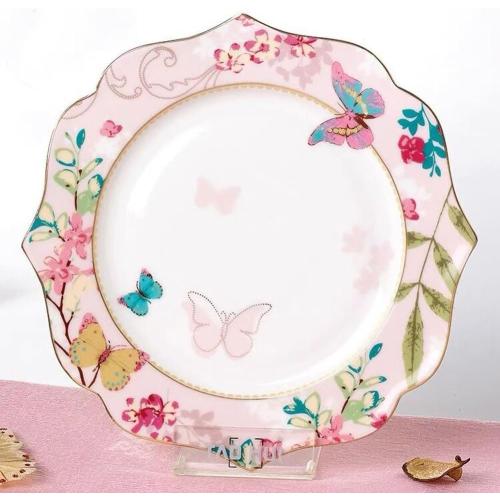 Présentation de Zoom sur Assiette dessert porcelaine anglaise, motif papillon, rose