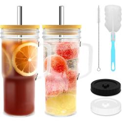 Présentation Verre Mason Jar 24oz, Paille, Couvercle, Boba, Smoothie