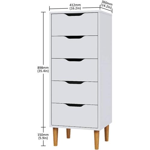 Présentation de Zoom sur Table de Chevet Commode Bois, 5 Tiroirs, Blanc