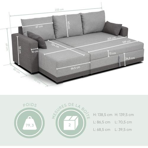 Présentation de Zoom sur Canapé d'angle réversible BUDWING, tissu gris, 3 places