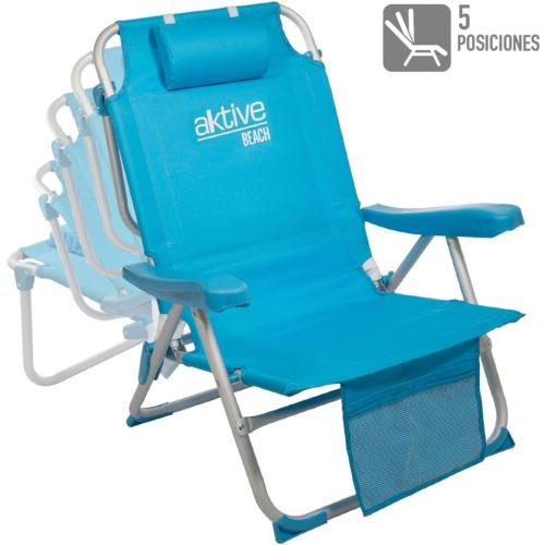 Présentation de Zoom sur Chaise Pliante Plage AKTIVE, Coussin, Sac à Dos, Bleu Pastel