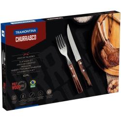 Couteaux, fourchettes steak, 12pcs inox, bois marron en situation