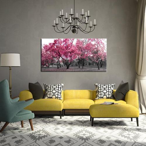 Présentation de Peinture murale contemporaine arbre rose, noir blanc, décor moderne en situation