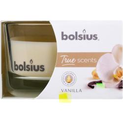 Bougie parfumée en verre vanille, cire blanche, Bolsius en situation