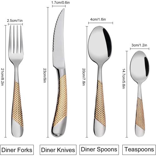 Présentation de Couverts en acier inoxydable doré, service 4 pièces en situation