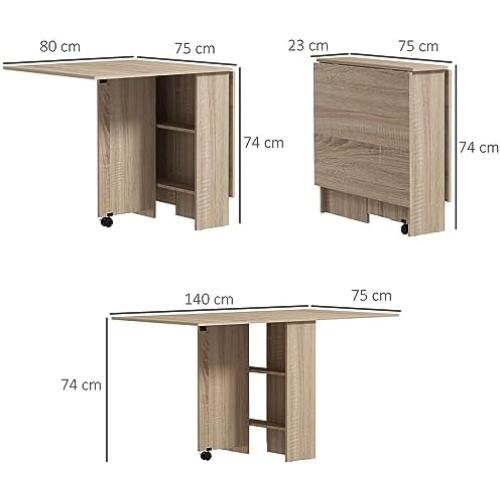 Présentation de Zoom sur Table à Manger Pliante Mobile, Roulettes, Plateaux Rabattables, Étagères