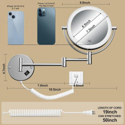 Miroir maquillage mural éclairé, bras extensible, grossissement 1X 7X en situation