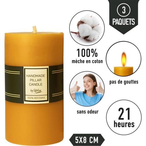 Présentation de Zoom sur Set de 3 Bougies Pilier Cire d'Abeille, Sans Fumée