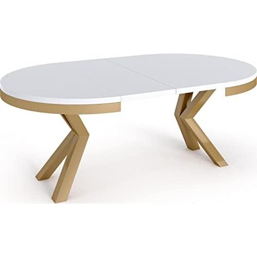 Présentation de Zoom sur Table à Manger Ronde Extensible, Style Loft, Pieds Métal, Blanche Marbre