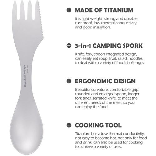 Présentation de Zoom sur Couverts Titane 3 en 1, Spork, Fourchette, Cuillère